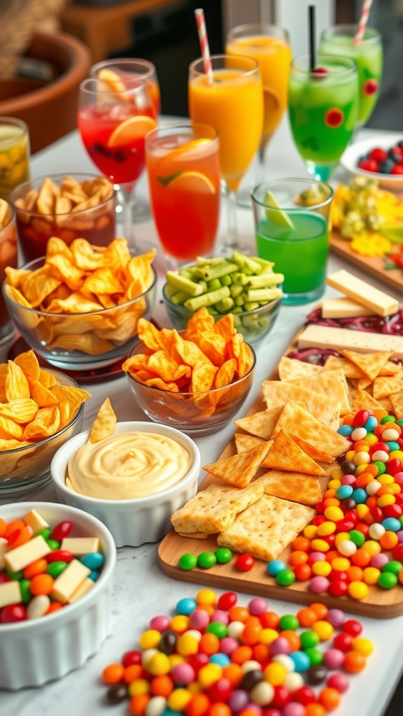 A colorful snack station filled with chips, veggies, cheese, candy, and drinks.